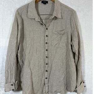 Belldini Button Up 2X Tan White Striped Linen Blend Long Sleeve